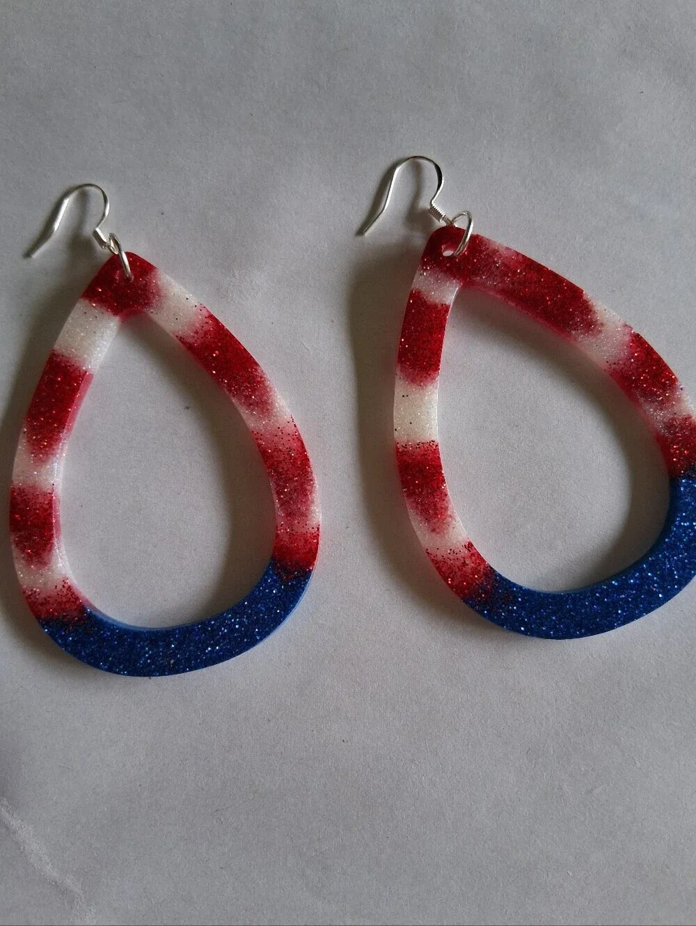 Hand Crafted Red White Blue Glitter Teardrop Earrings